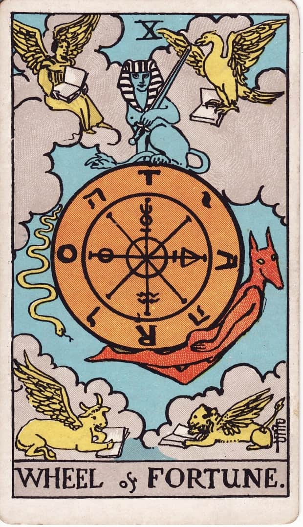 A gravura da carta A Roda da Fortuna no baralho de tarot Rider-Waite-Smith