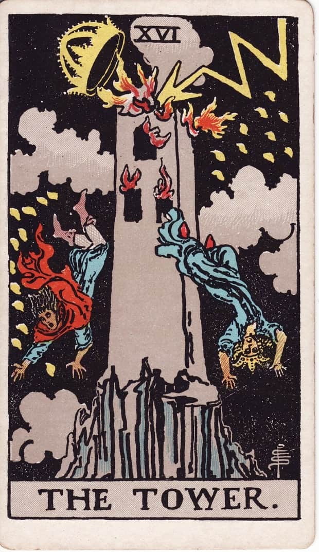 A gravura da carta A Torre no baralho de tarot Rider-Waite-Smith