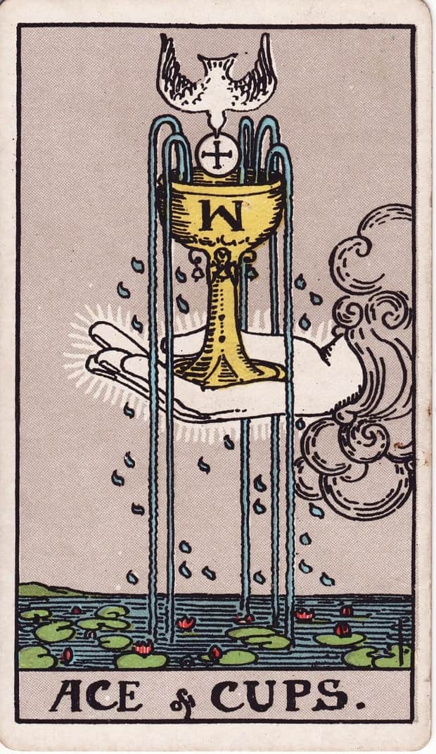 A gravura da carta Ás de Copas no baralho de tarot Rider-Waite-Smith