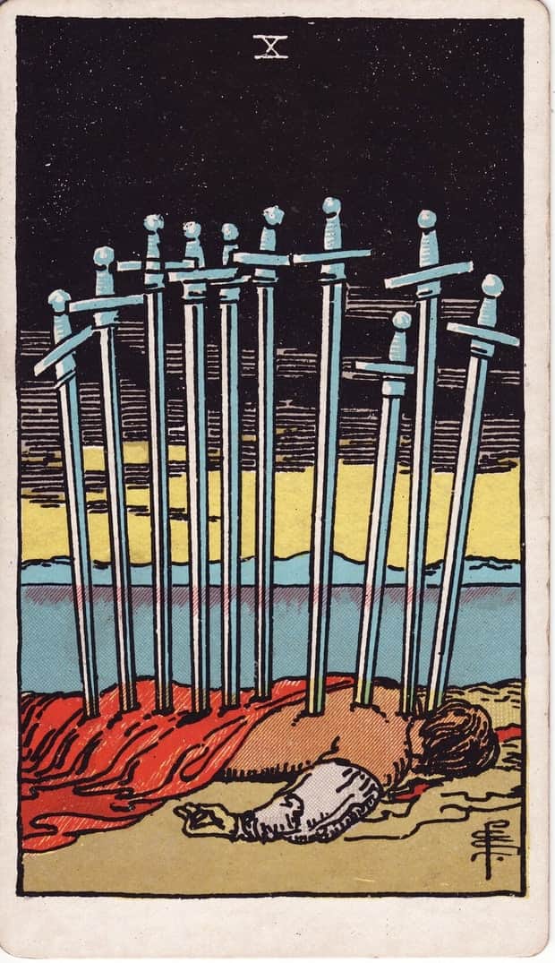 A gravura da carta Dez de Espadas no baralho de tarot Rider-Waite-Smith