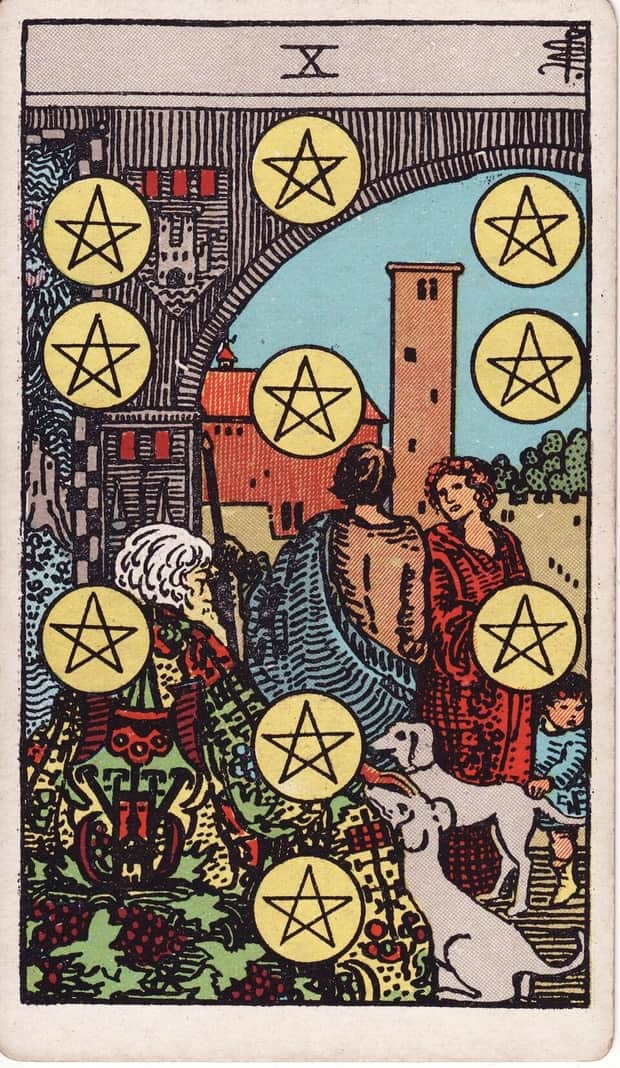 A gravura da carta Dez de Ouros no baralho de tarot Rider-Waite-Smith