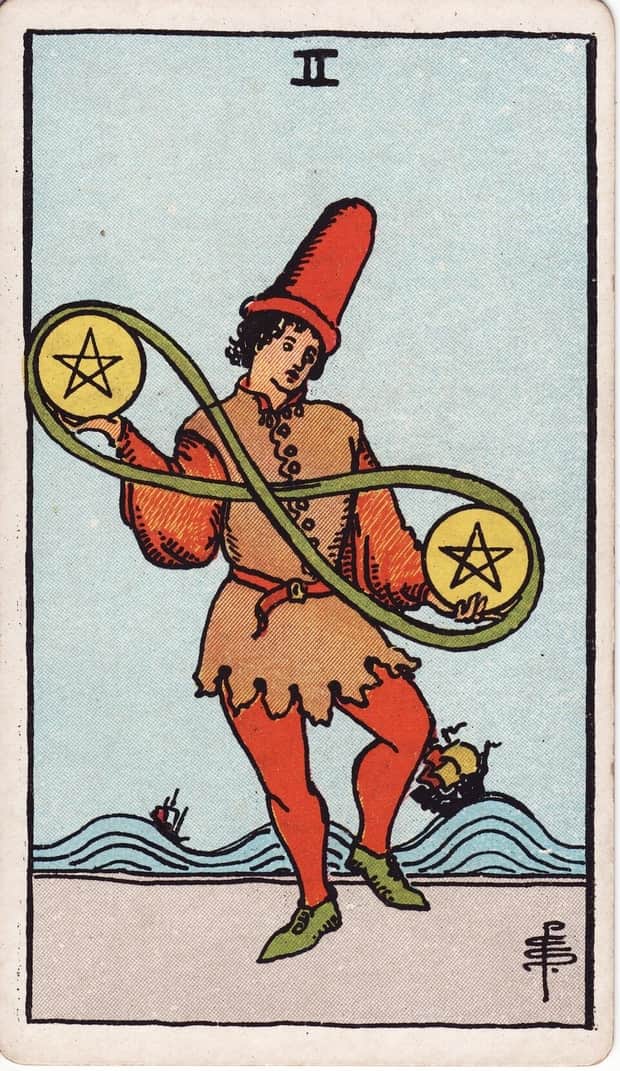 A gravura da carta Dois de Ouros no baralho de tarot Rider-Waite-Smith