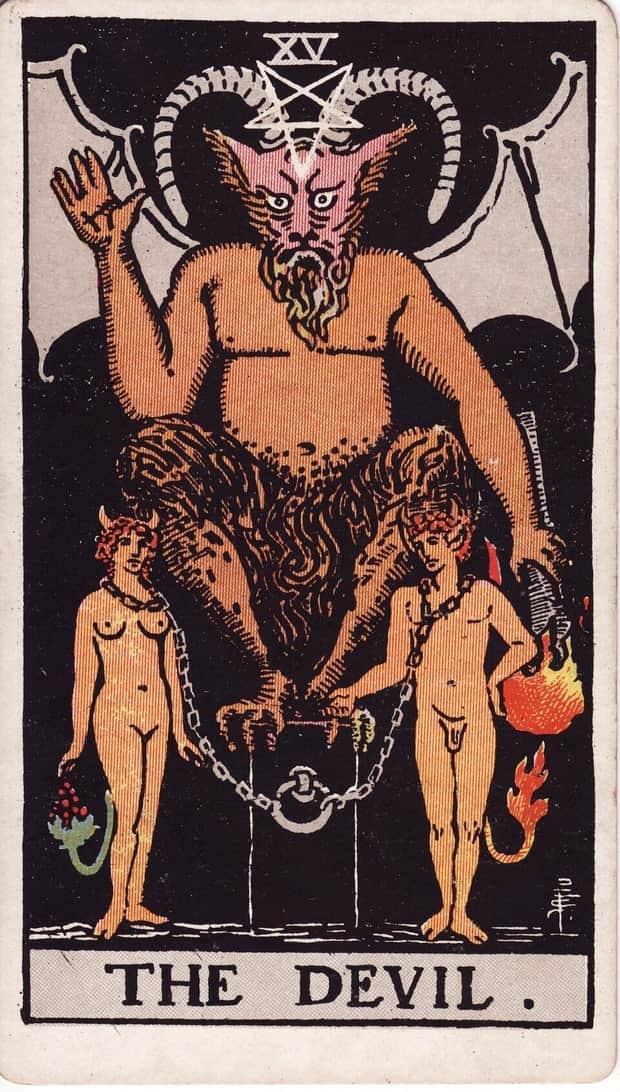 A gravura da carta O Diabo no baralho de tarot Rider-Waite-Smith