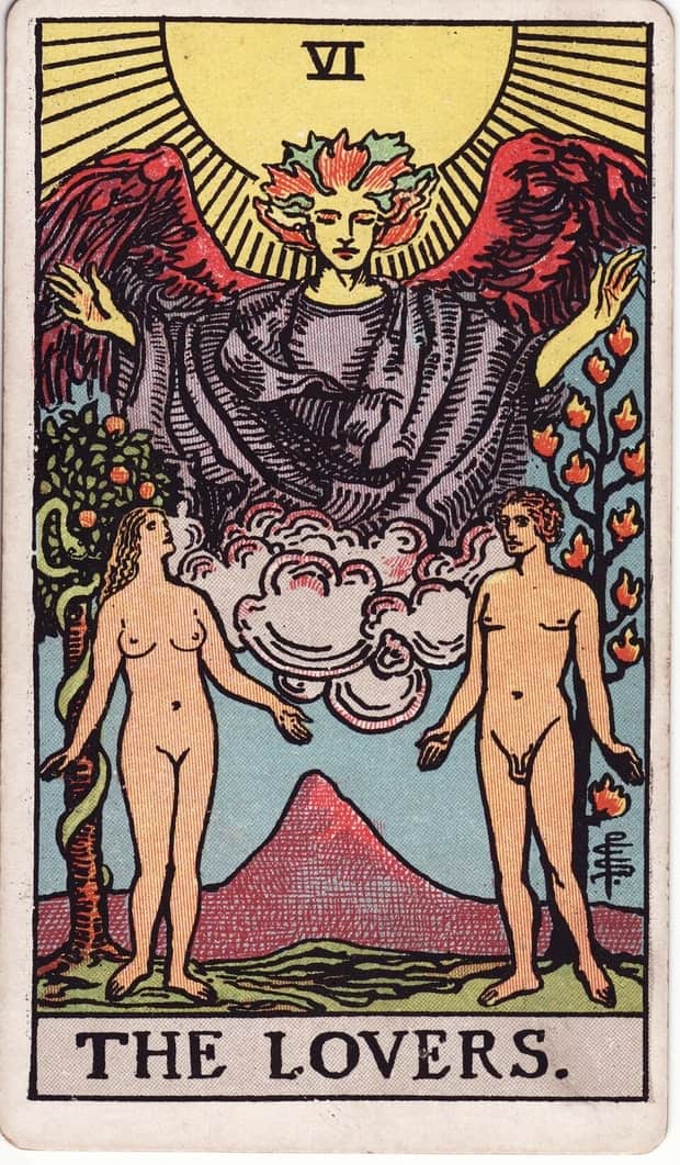 A gravura da carta Os Enamorados no baralho de tarot Rider-Waite-Smith
