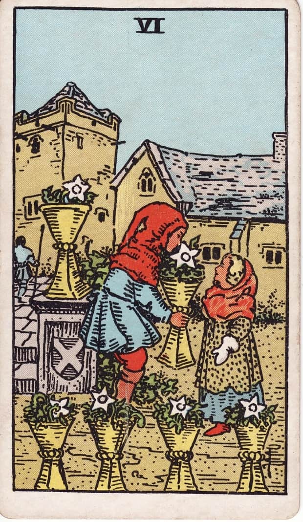 A gravura da carta Seis de Copas no baralho de tarot Rider-Waite-Smith