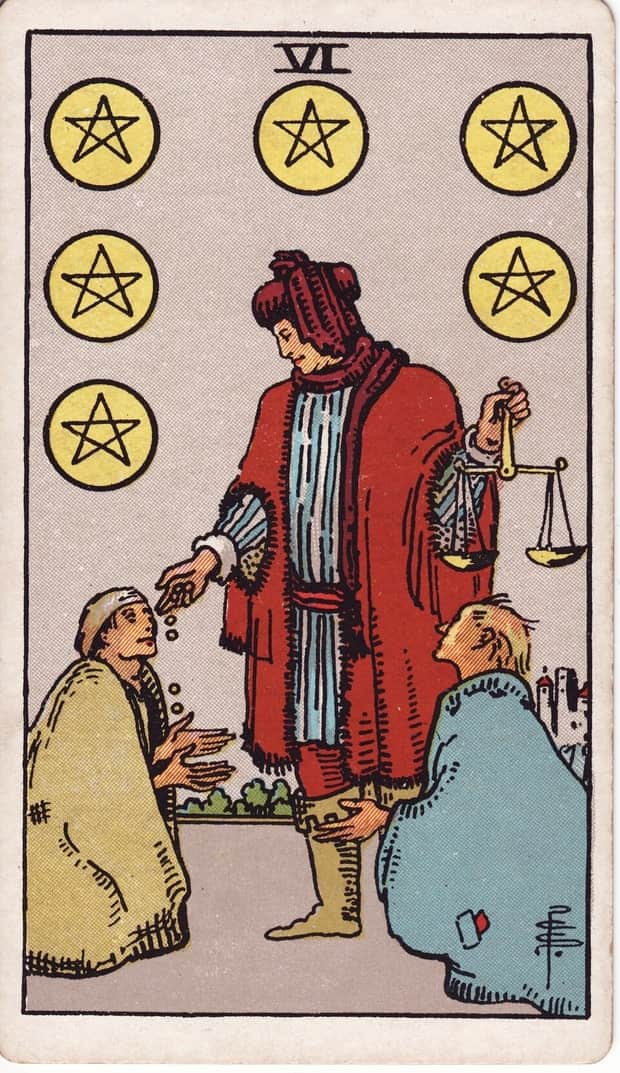 A gravura da carta Seis de Ouros no baralho de tarot Rider-Waite-Smith