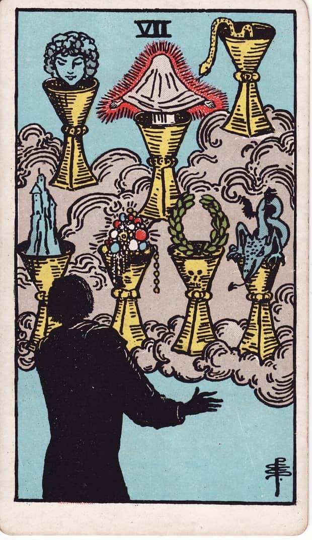 A gravura da carta Sete de Copas no baralho de tarot Rider-Waite-Smith