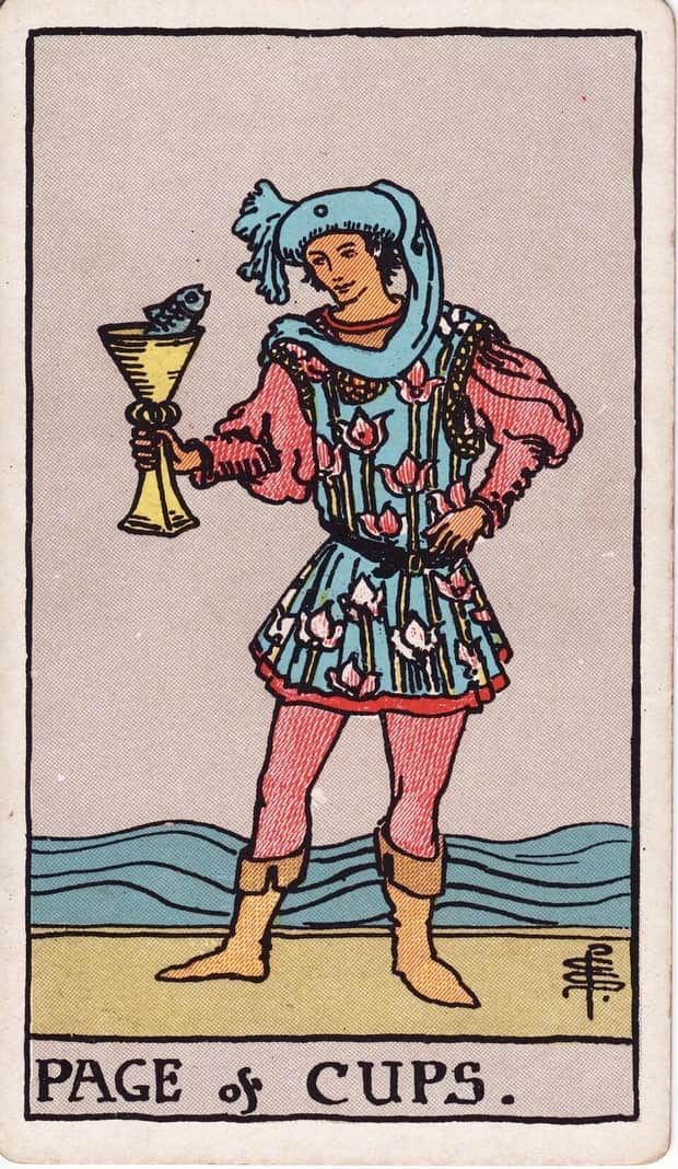 A gravura da carta Valete de Copas no baralho de tarot Rider-Waite-Smith