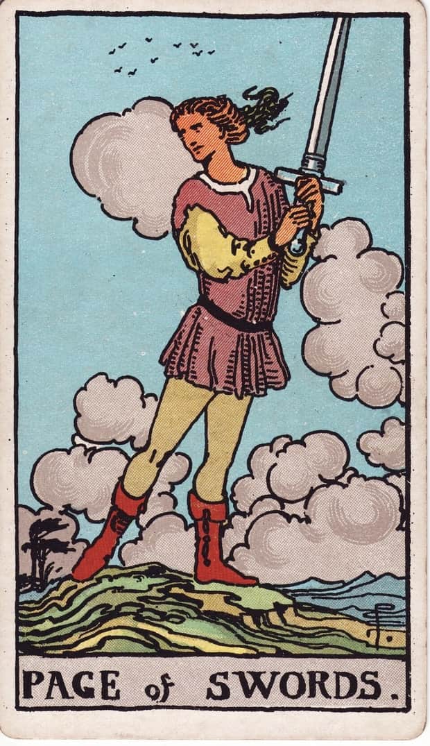 A gravura da carta Valete de Espadas no baralho de tarot Rider-Waite-Smith
