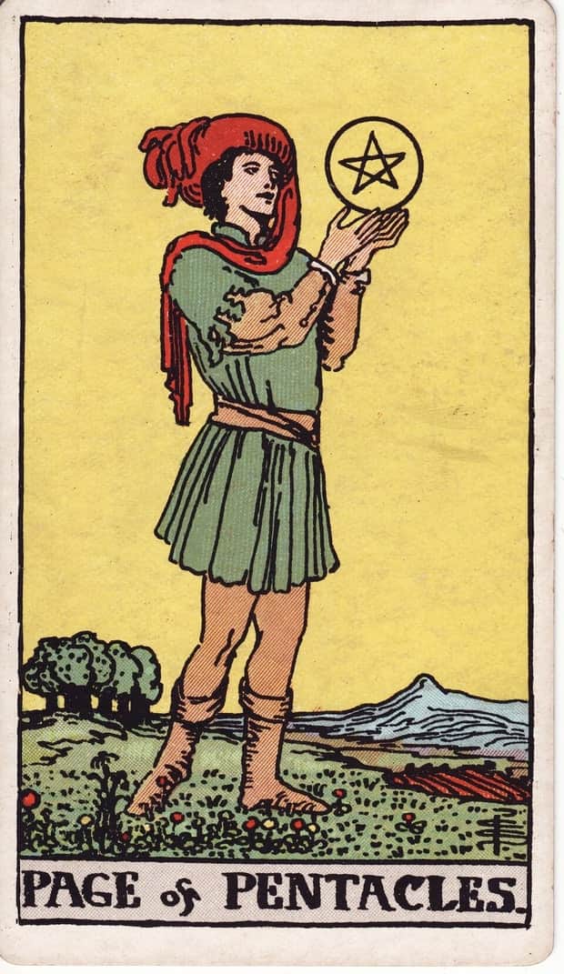 A gravura da carta Valete de Ouros no baralho de tarot Rider-Waite-Smith